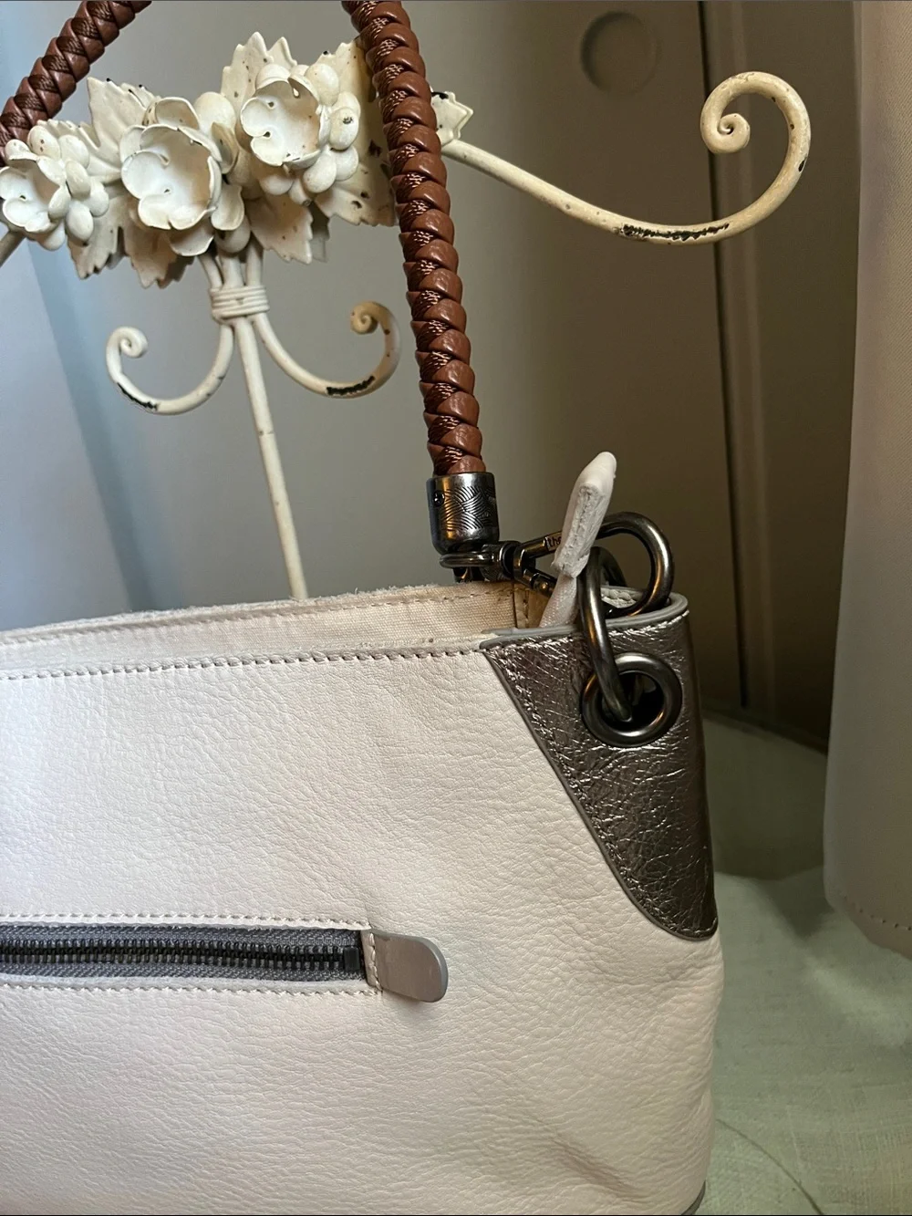The Sak Cream Pebbled Leather Shoulder Bag with Brown Braided Handle - Picture 6 of 15